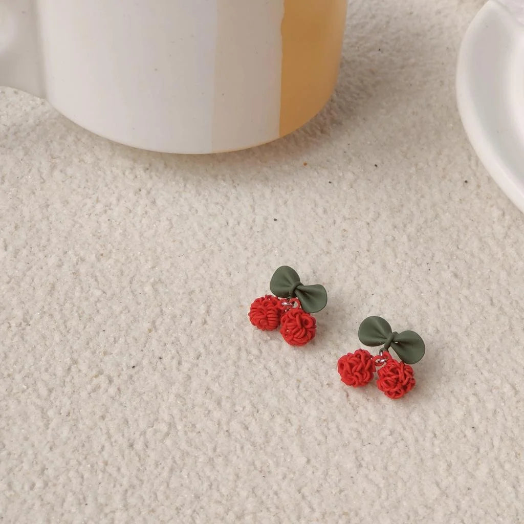 Sweet Cherry Stud Earrings Copper Enamel Leaf Fruit Jewelry