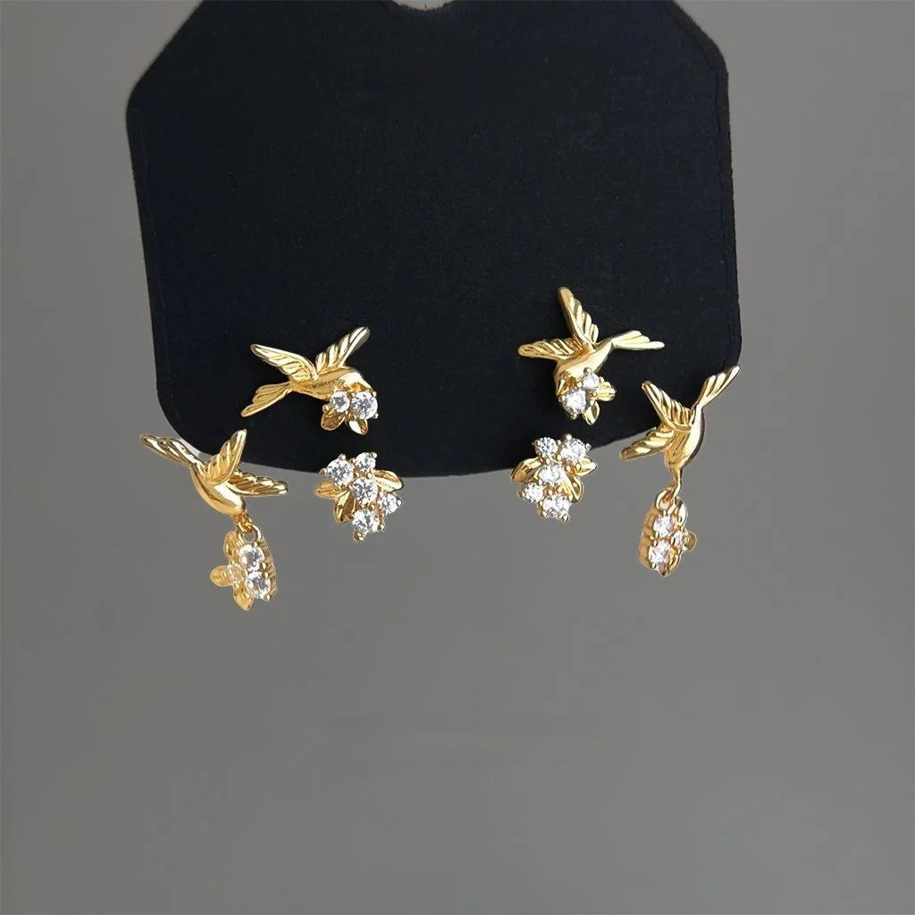 Multi Wear Flying Bird Zircon Copper Stud Earrings, Chic Niche Floral Animal Design