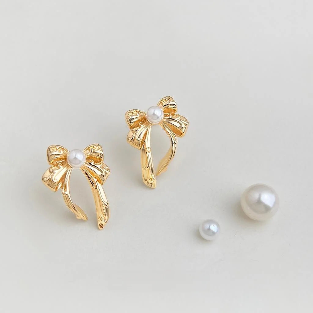 Elegant Copper Pearl Bow Stud Earrings, Sweet Minimalist Designer Office Jewelry