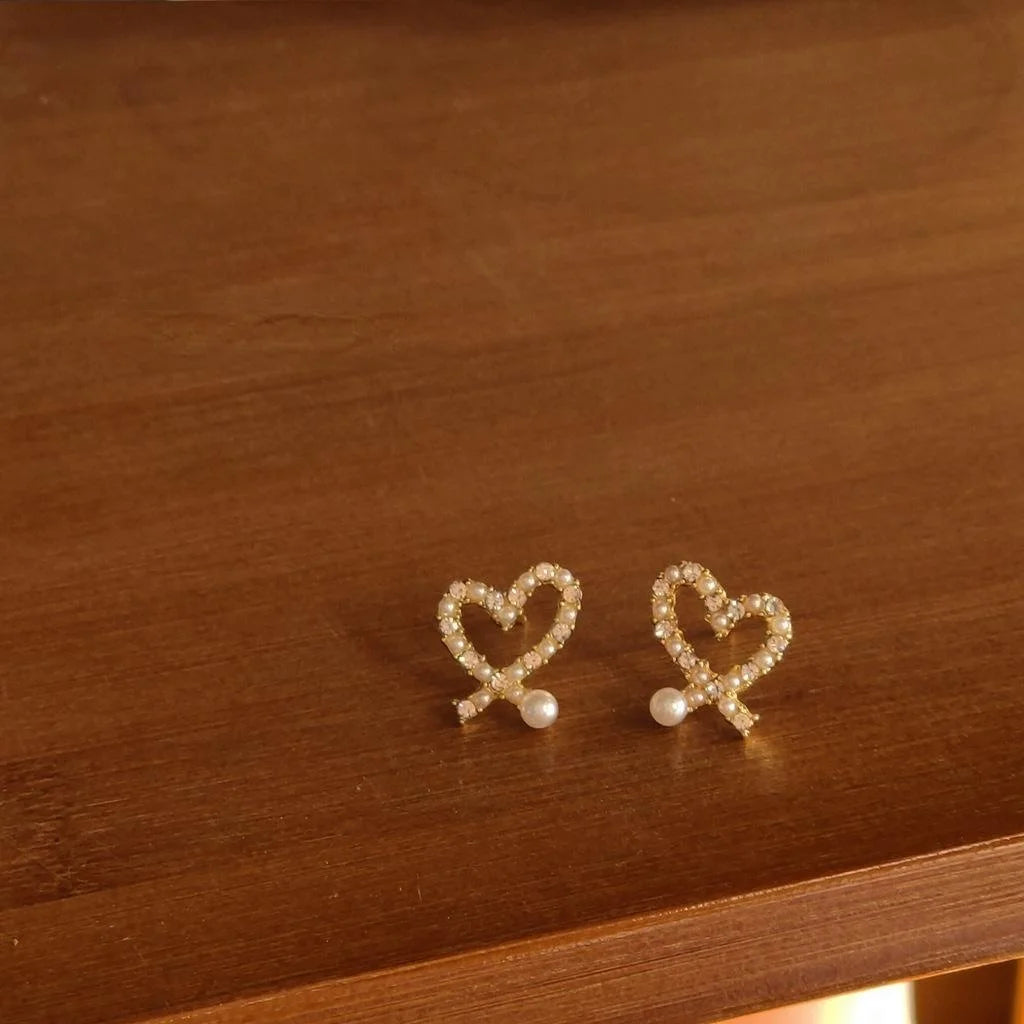 Korean Style 14K Gold Plated Heart Pearl Rhinestone Drop Earrings