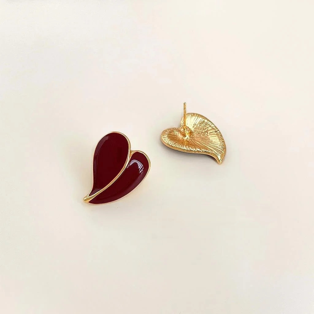 14K Plated Copper Burgundy Red Enamel Heart Stud Earrings, Hong Kong Style