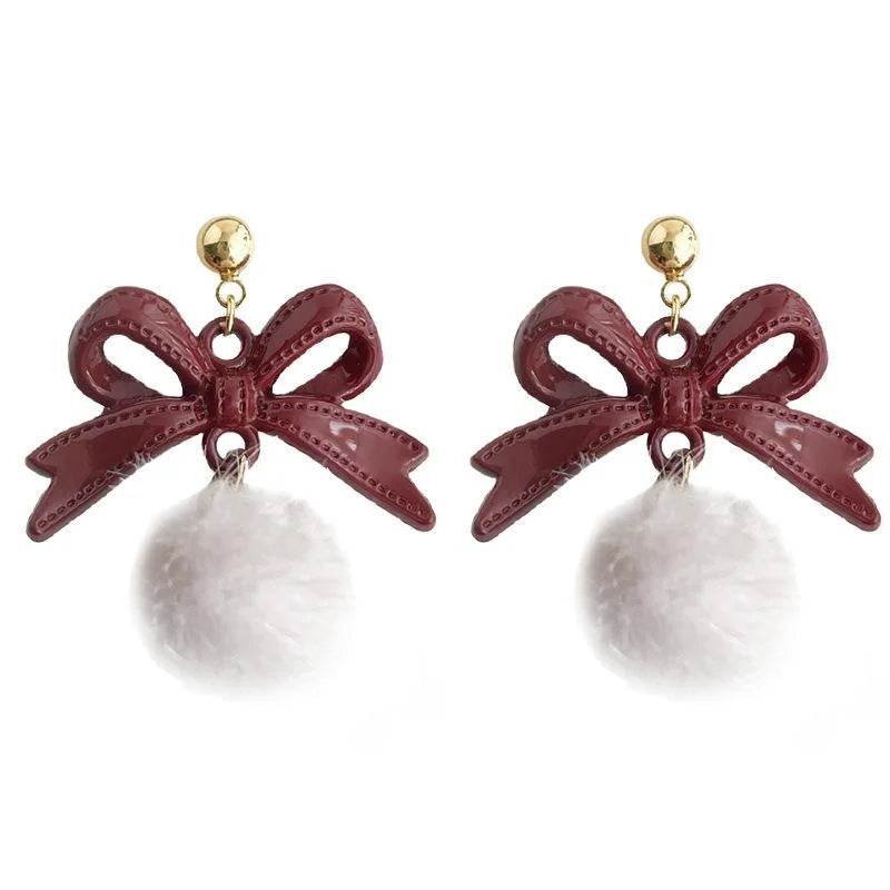 2025 Winter Burgundy Bow Pom Pom Drop Earrings Sweet Vintage Metal Fashion Jewelry