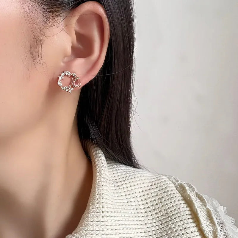Elegant Pink Tulip Wreath Zircon Stud & Clip On No Piercing Rose Gold Floral Hoop Earrings