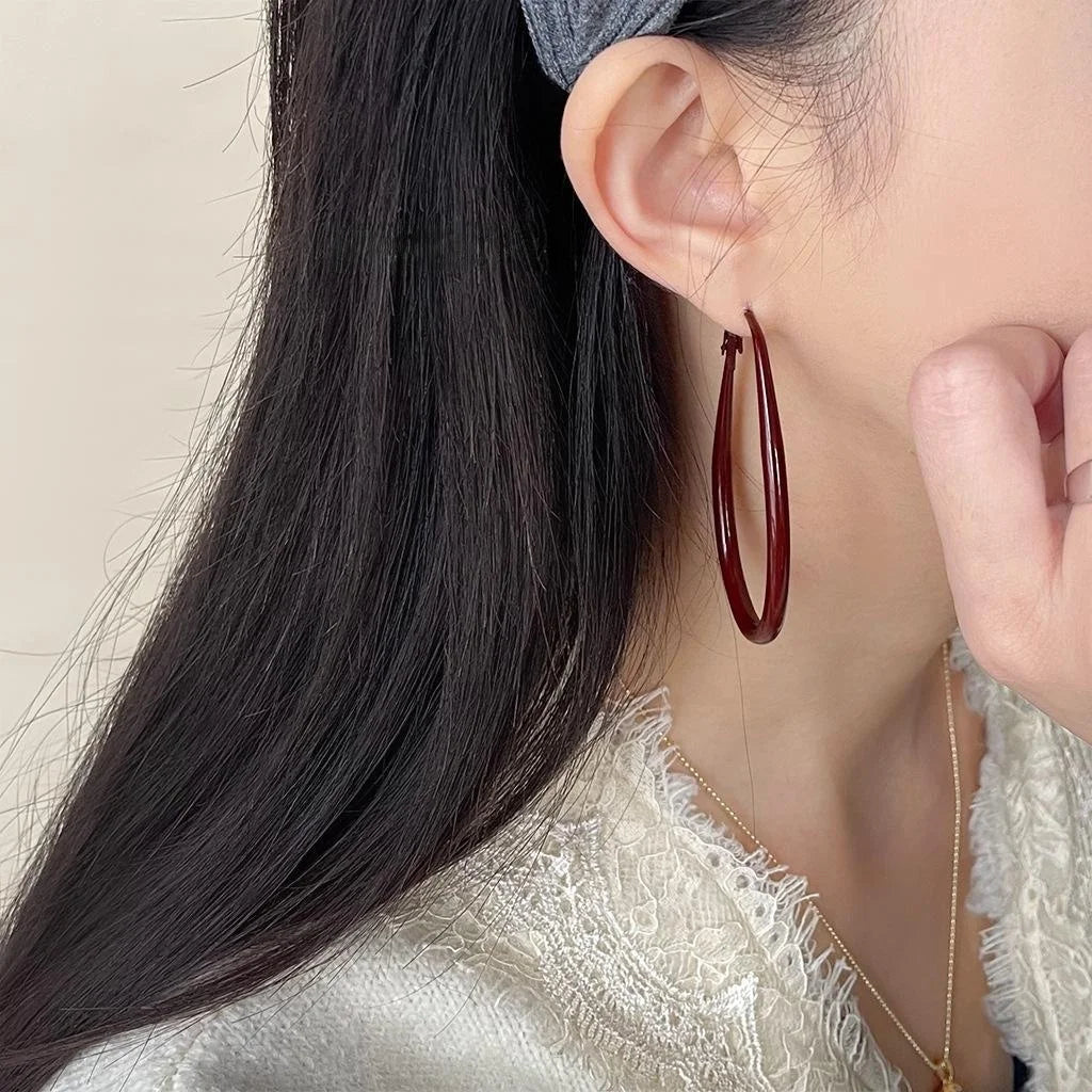 Red Enamel Metal Oval Geometric Drop Earrings Hong Kong Style Premium Commuter Jewelry