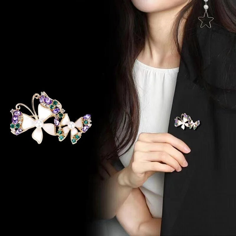 Elegant Double Butterfly Mother Of Pearl Rhinestone Brooch, Gold Alloy Lapel Pin Corsage Gift For Women