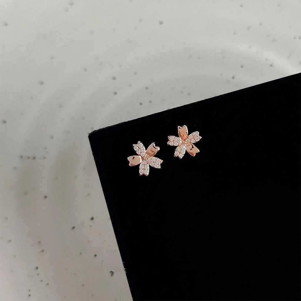 Mini Rose Gold Plated Copper Micro Pave Zircon Flower Stud Earrings