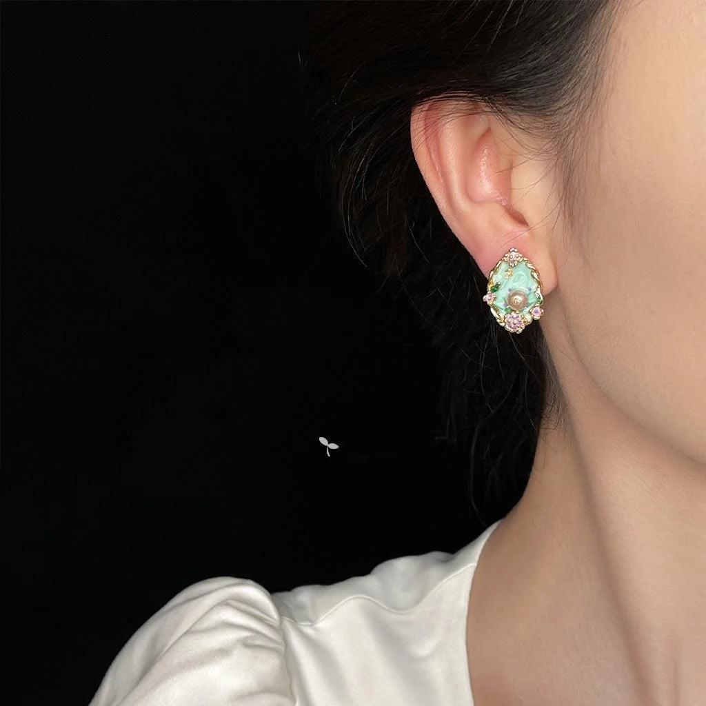 Sweet Forest Style 14K Plated Enamel Oval Freshwater Pearl Stud Earrings