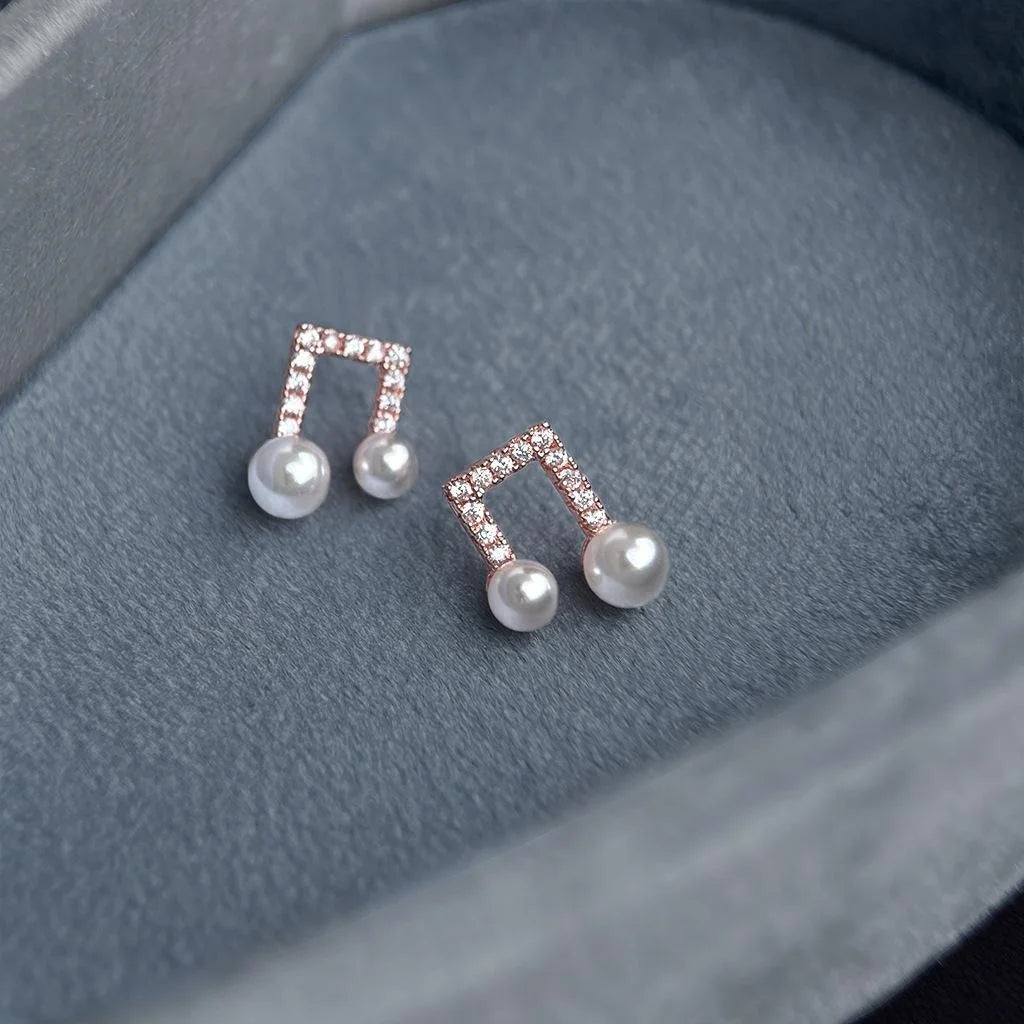 Light Luxury Geometric Music Note Micro Pave Zircon Eco Copper Stud Earrings With Silver Plated Pins