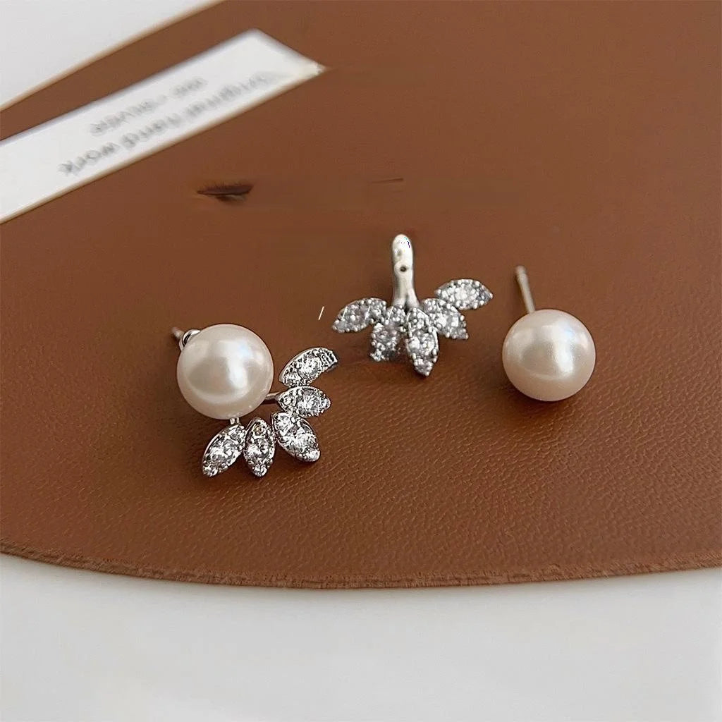 Micro Pave Zircon Leaf Flower Copper Glass Pearl Drop Earrings Two Way Luxury Style