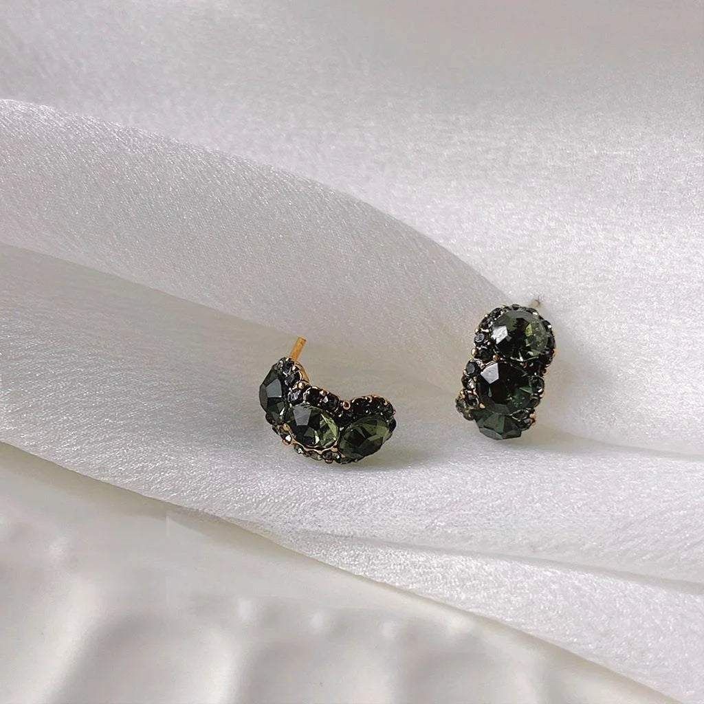 Antique Gold Plated Copper Geometric Ring Stud Earrings With Olive Green Crystal Accents
