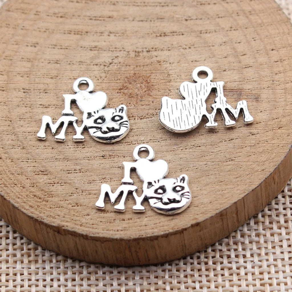 17x14mm 0.88g Antique Silver Zinc Alloy I Love My Cat Charm Pendant for DIY Pet Jewelry Making