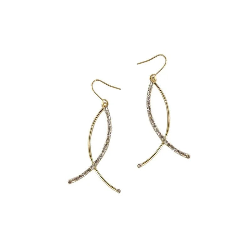 Korean Japanese Style Copper Zircon Cross Line Geometric Drop Earrings