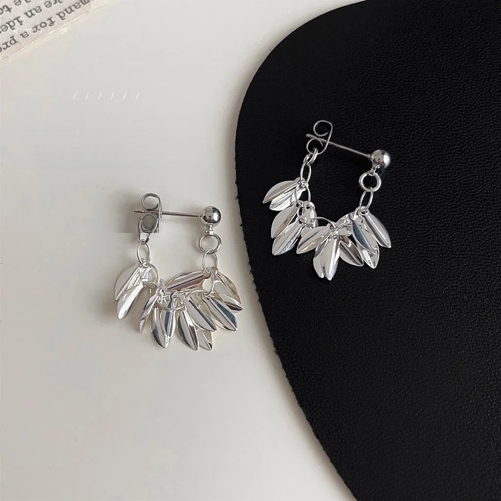 Handmade Silver Leaf Tassel Chain Drop Earrings Copper New Chinese Light Luxury Jewelry