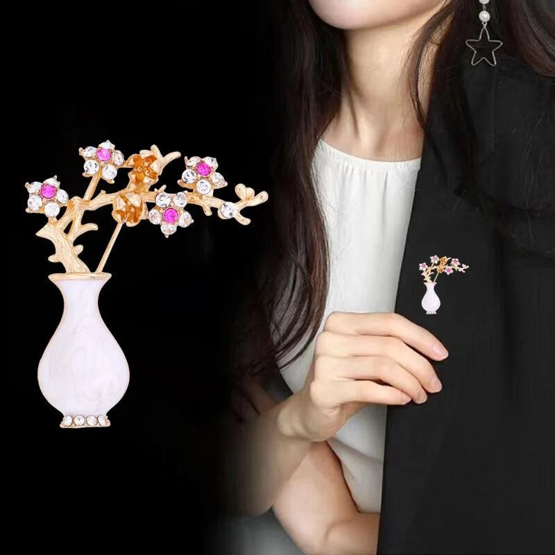 Vintage Plum Blossom Vase Brooch With Rhinestone And Mother Of Pearl, Elegant Floral Lapel Pin Gift