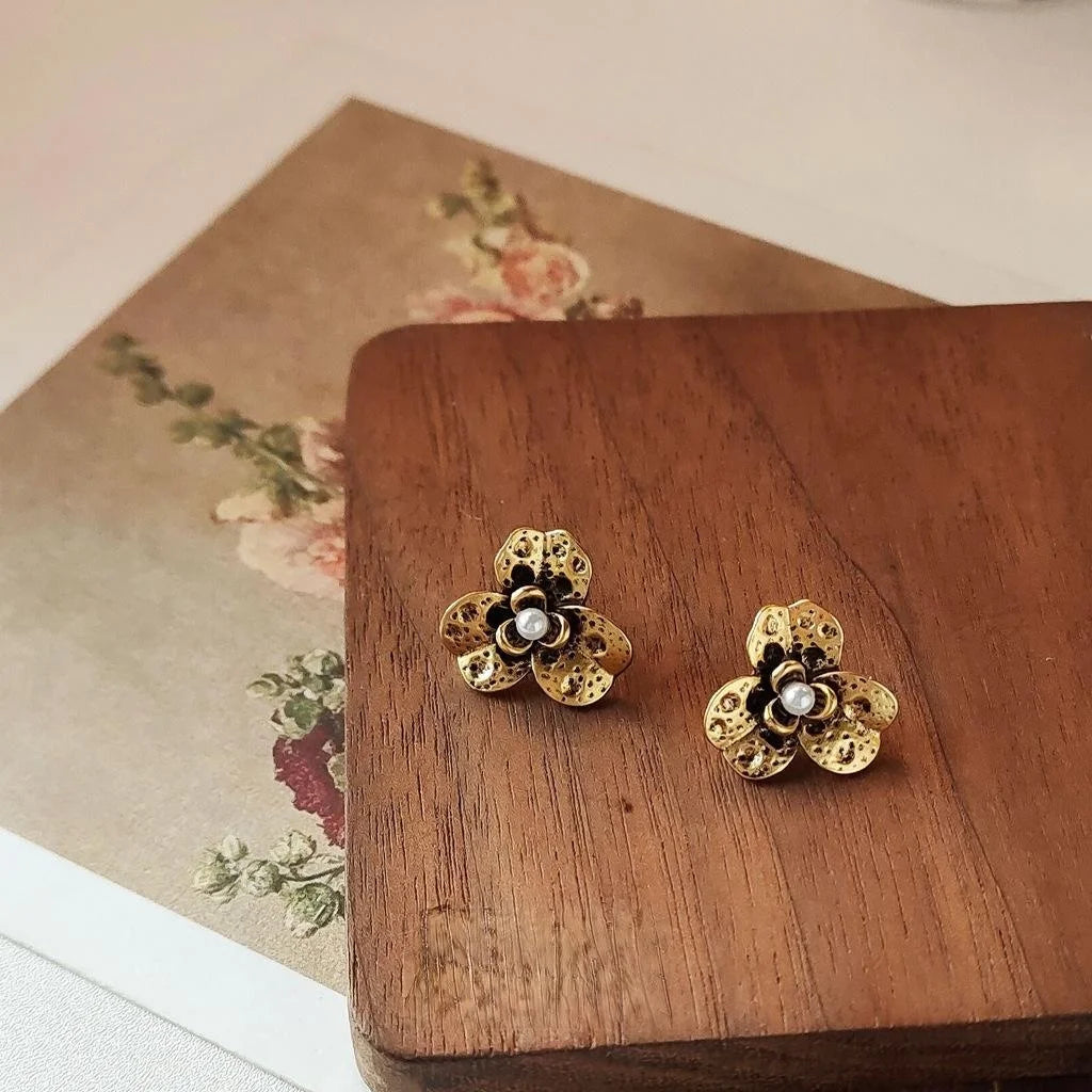 Vintage Oxidized Antique Gold Alloy Three Petal Flower Stud Earrings