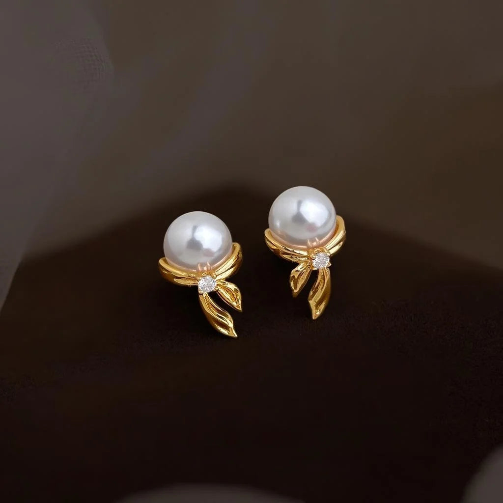 Original Designer Bow Stud Earrings With Copper, Lustrous Pearl And Zircon, Elegant OL Style