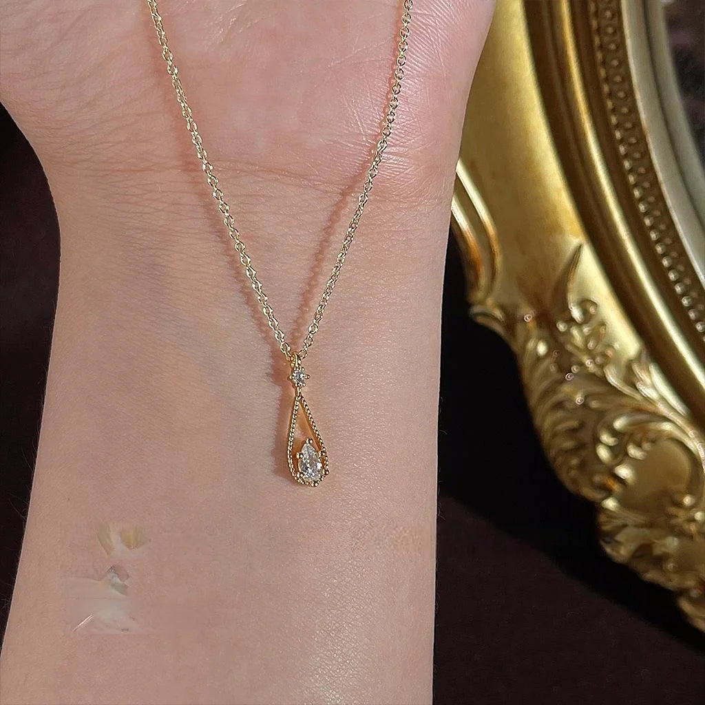 French Elegant 14K Plated Copper Micro Pave Zircon Waterdrop Clavicle Necklace