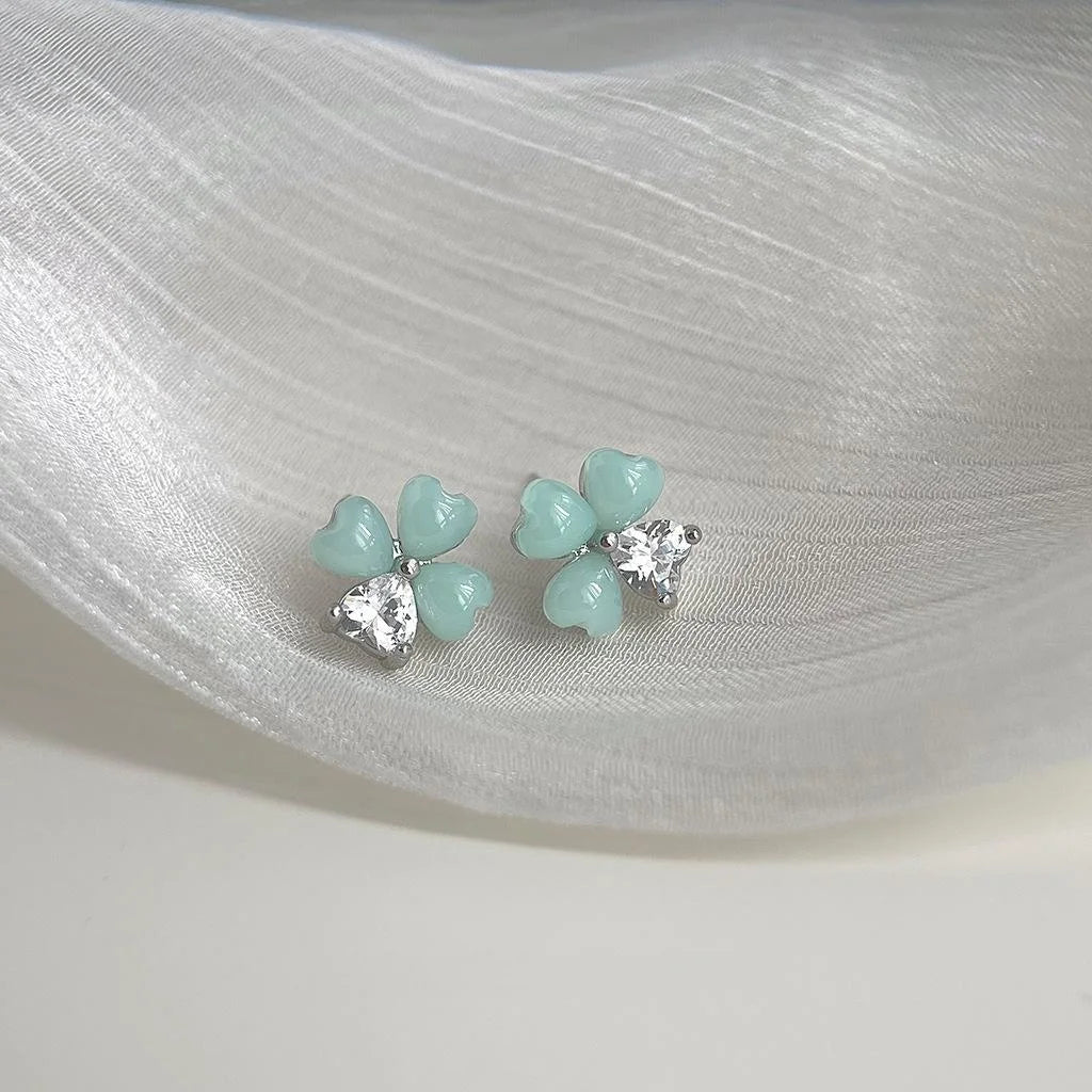 Mint Green Flower Stud Earrings With Zircon Inlay Resin Copper Sweet Fresh Style