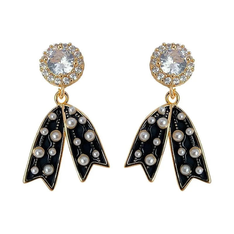 Cute Black Enamel Polka Dot Bow Drop Earrings Copper Micro Pave Zircon Fashion Jewelry