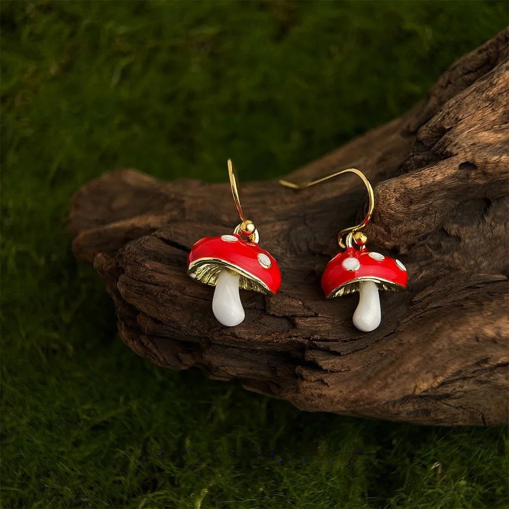Cute Red Mushroom Copper Drop Earrings Forest Fairy Whimsical Designer Jewelry For Women