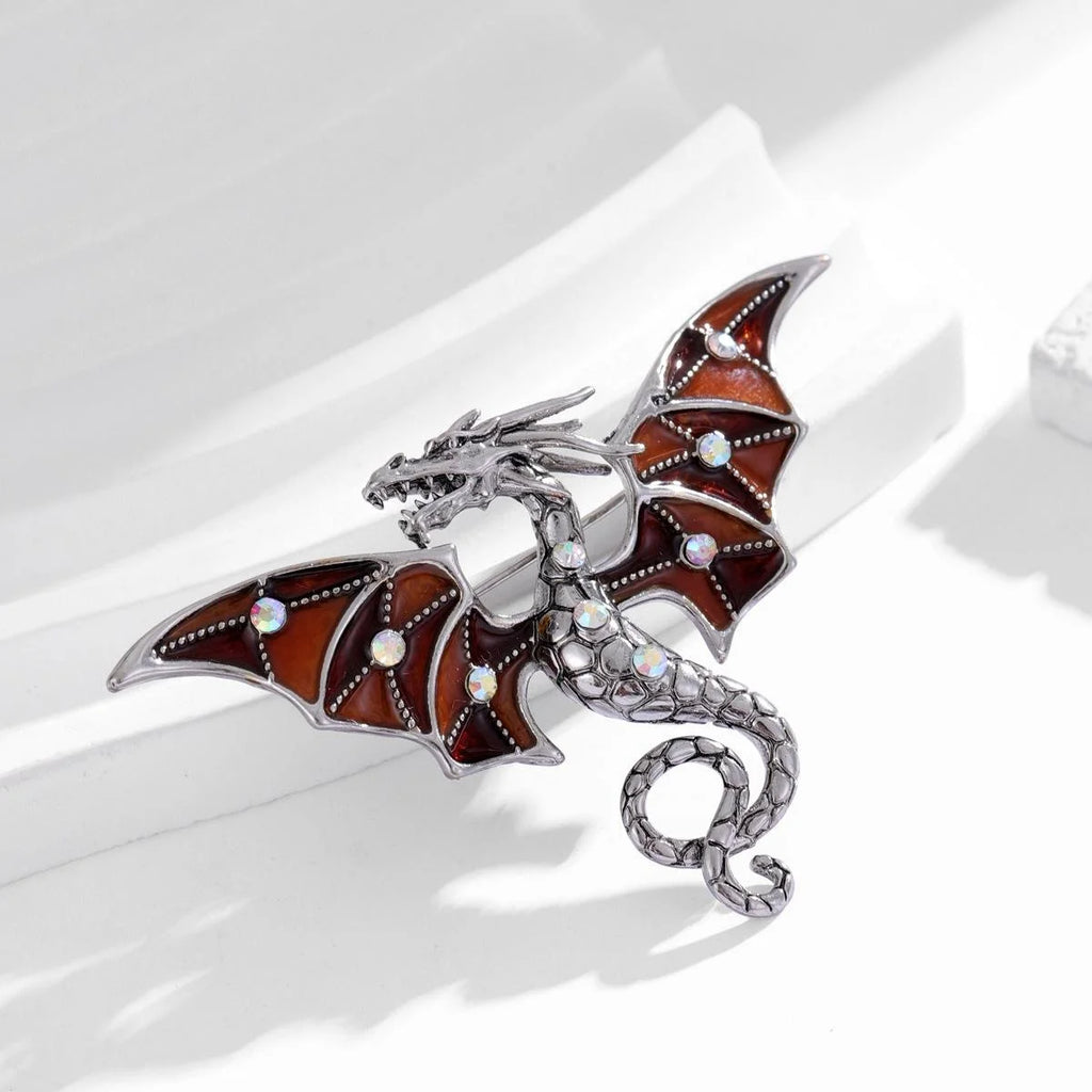 Vintage Enamel Flying Dragon Brooch With Rhinestone Wings, Luxury Alloy Lapel Pin Suit Accessory Gift