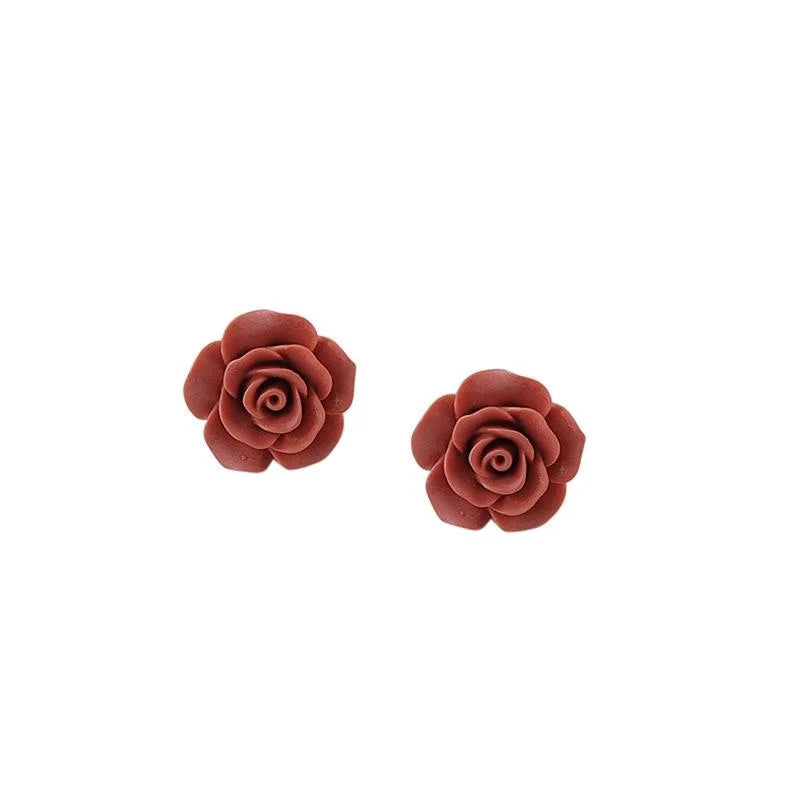 French Vintage Resin Rose Flower Stud Earrings Elegant 3D Floral Hong Kong Style Jewelry