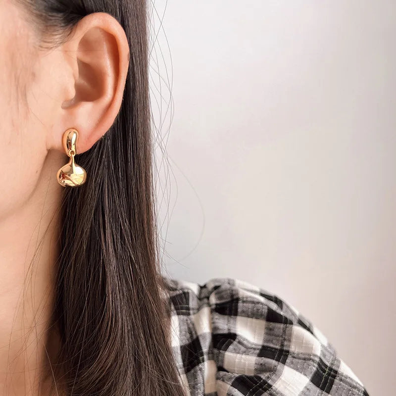 Elegant Gold Alloy Smooth Bean Drop Pendant Stud & Clip On No Piercing Minimalist Dangle Earrings