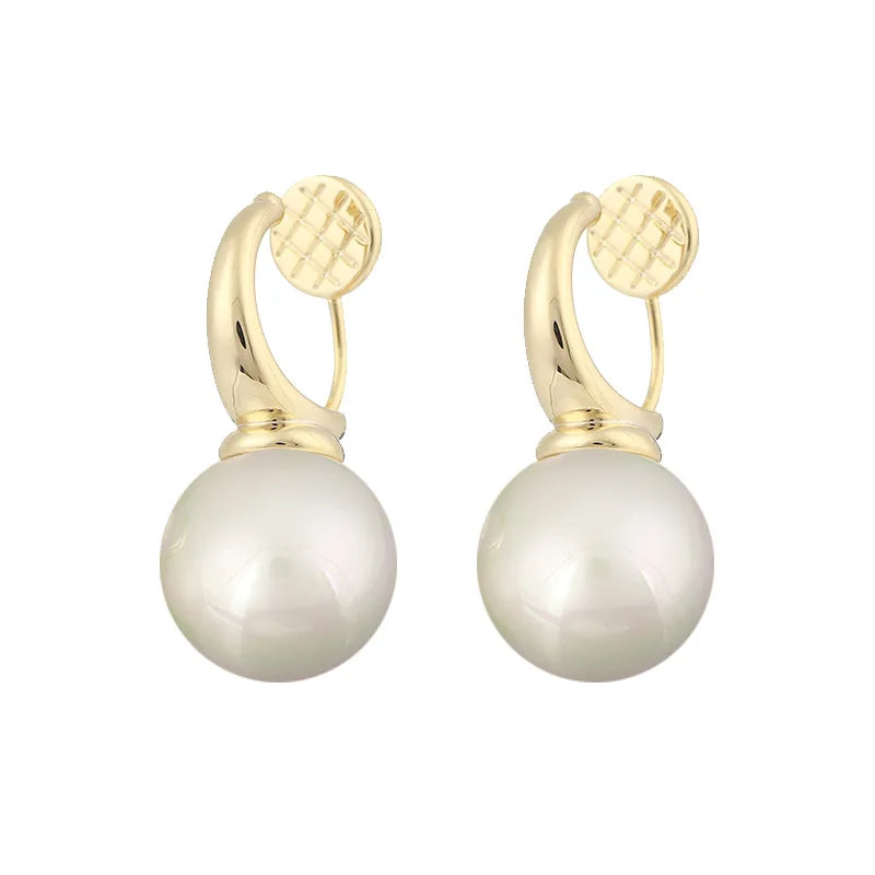 Elegant Gold Alloy Hoop With Round Pearl Drop Stud & Clip On No Piercing Korean Minimalist Earrings