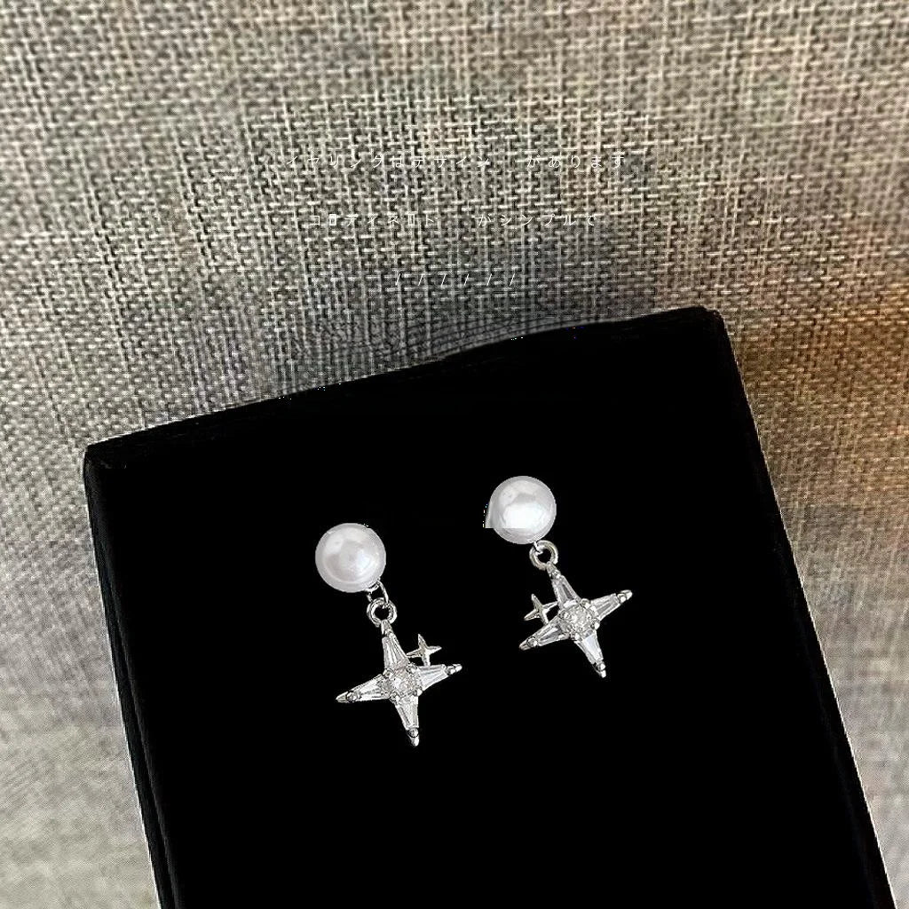 Detachable Two Way Copper Zircon Pearl Eight Point Star Front Back Stud Earrings Sweet Cool Style