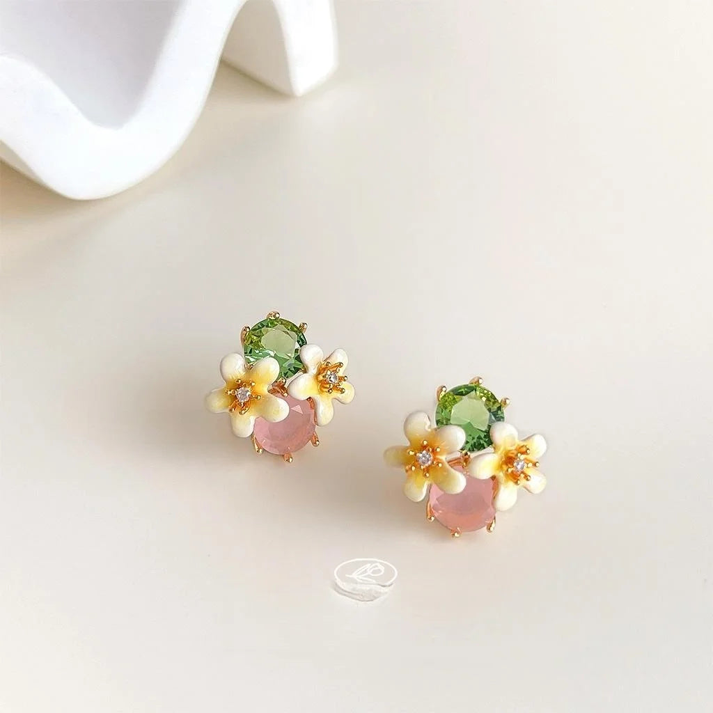 Sweet 14K Gold Plated Copper Zircon Glass Crystal Enamel 3D Flower Stud Earrings