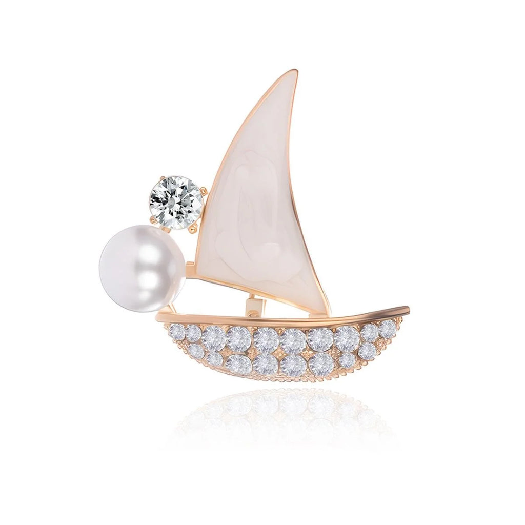 Elegant Nautical Enamel Sailboat Brooch With Rhinestones And Pearl, Alloy Lapel Pin Suit Accessory Gift