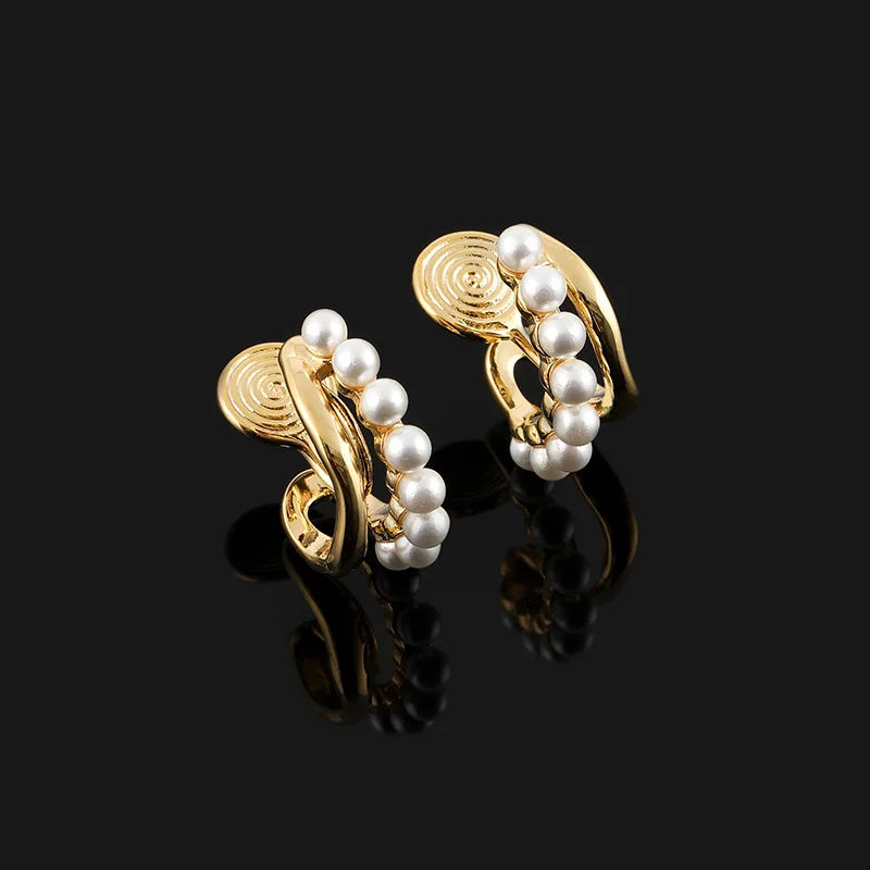 Elegant Geometric Pearl Hoop Ear Cuffs In Gold Alloy, Stud & Clip On No Piercing Everyday Earrings