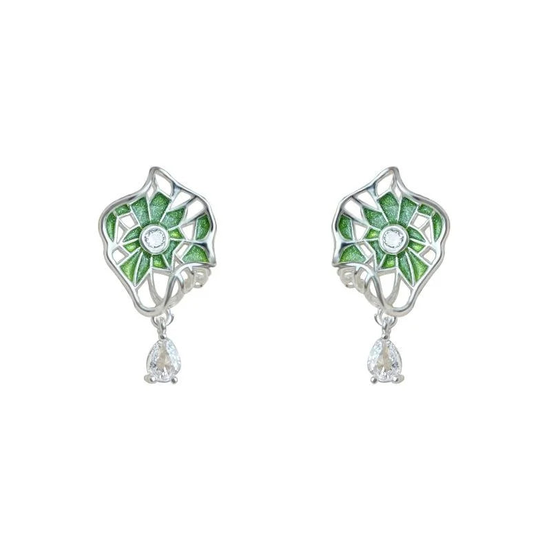 Niche Original Design Micro Pave Zircon Enamel Green Lotus Leaf Drop Earrings