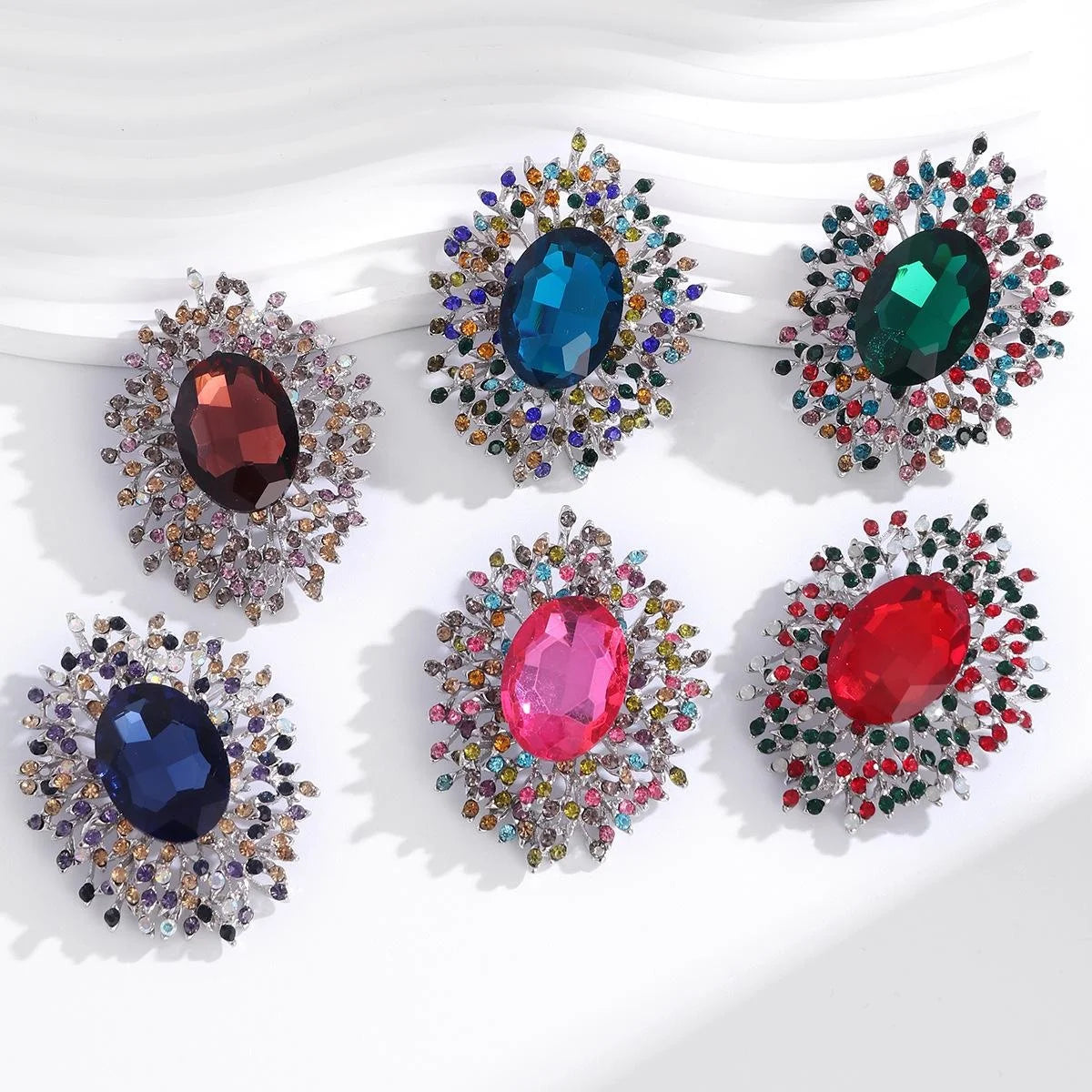 Luxury Blue Crystal Sunburst Brooch With Multicolor Rhinestones, Elegant Lapel Pin Corsage Gift