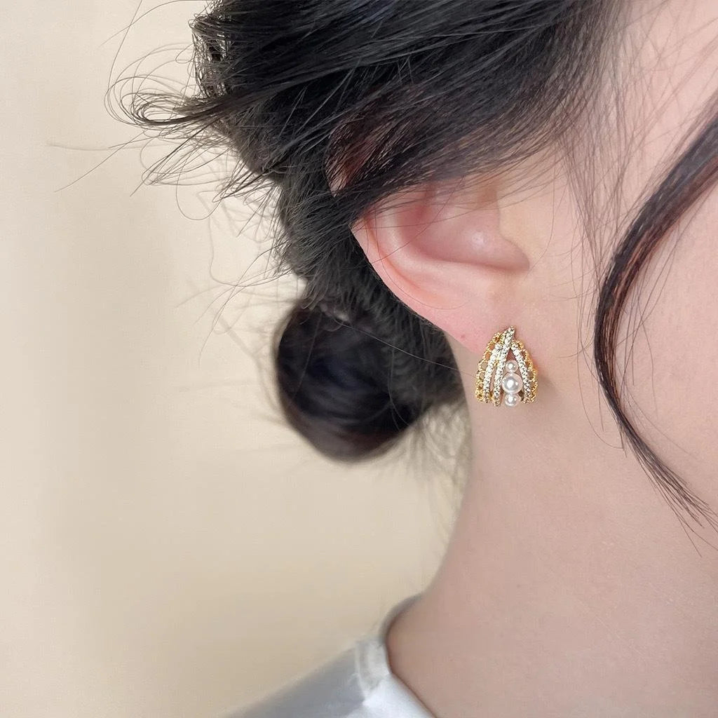 14K Gold Plated Micro Pave Zircon Pearl Drop Earrings French Elegant Hollow Lace Geometric Design