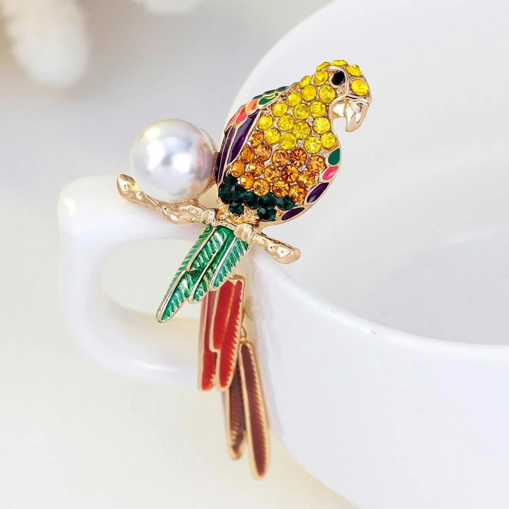 Elegant Crystal Rhinestone Enamel Parrot Brooch With Pearl, Luxury Women's Lapel Pin Corsage Suit Accessory Gift