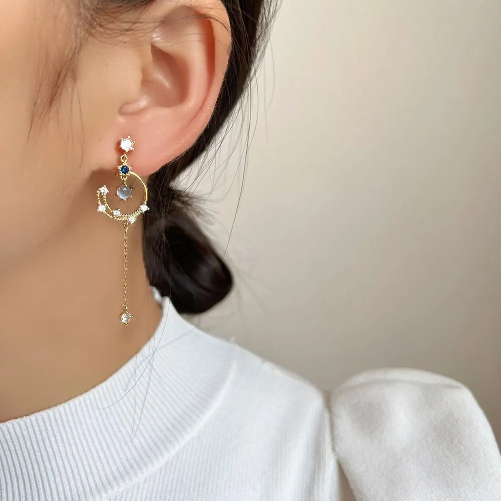 Elegant Asymmetric Crescent Moon Cat Eye Pearl Rhinestone Tassel Stud & Clip On No Piercing Earrings