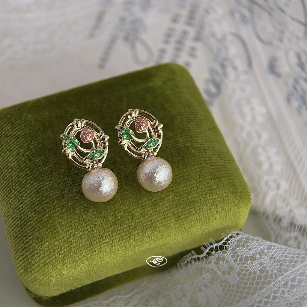 Hand Painted Floral Enamel Copper Drop Earrings With Cotton Pearls For Women