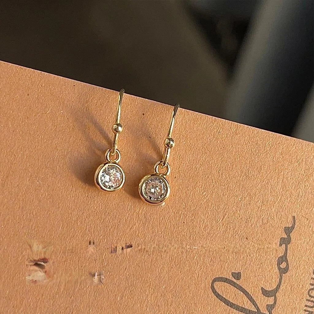 Minimalist 14K Gold Plated Zircon Round Geometric Drop Earrings, Mini Premium Jewelry