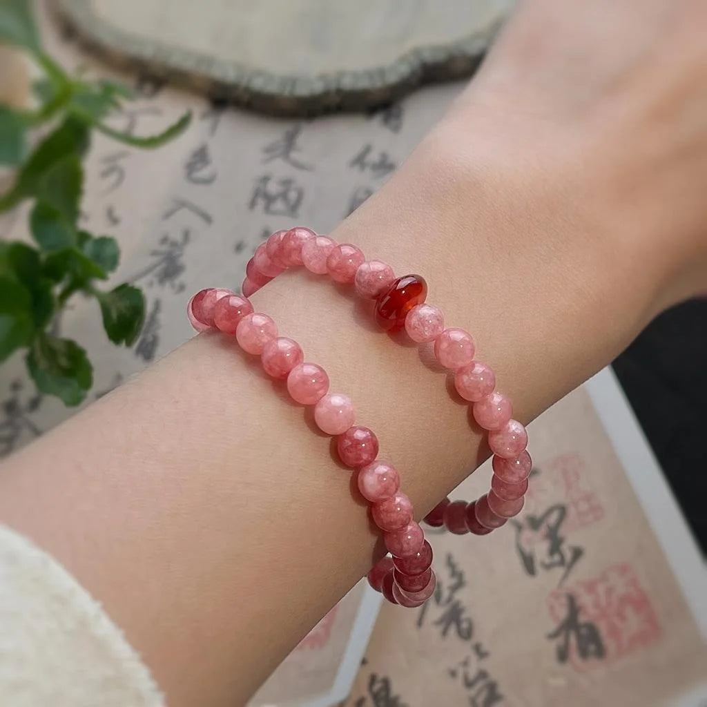 Handmade Sweet New Chinese Style Natural Agate Sunstone Layered Bracelet With Geometric Round Charm