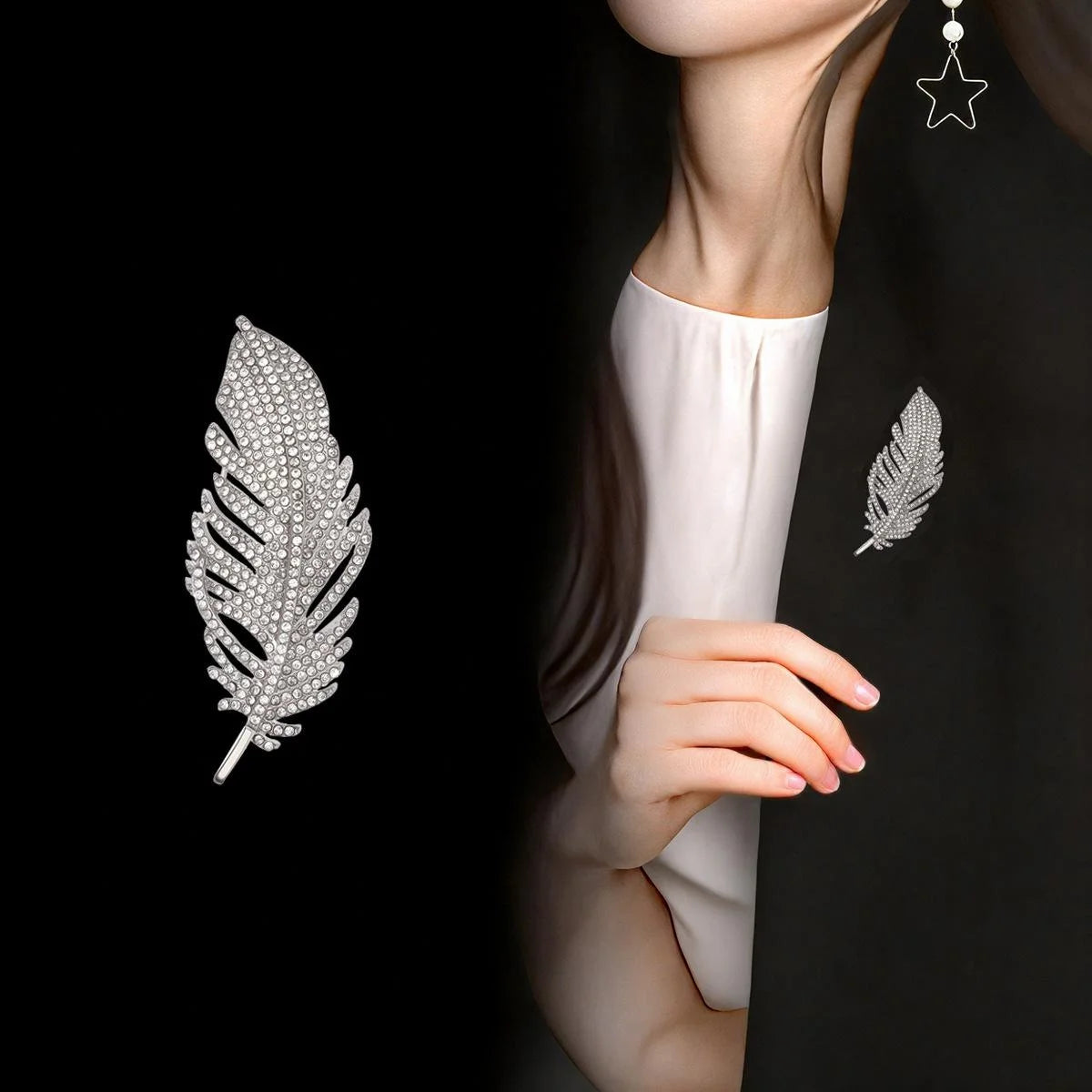 Elegant Full Rhinestone Feather Leaf Brooch Silver Alloy Lapel Pin Corsage For Women's Suit Accessory Gift
