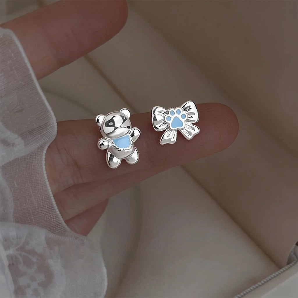 Cute Asymmetric Bear Bow Copper Enamel Stud Earrings