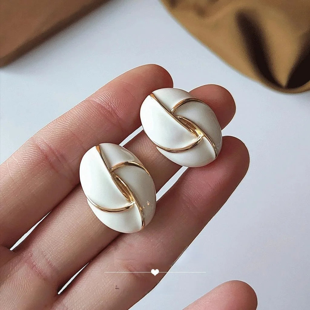 Hong Kong Style Cream Enamel Oval Geometric Copper Stud Earrings With 14K Plated Pins