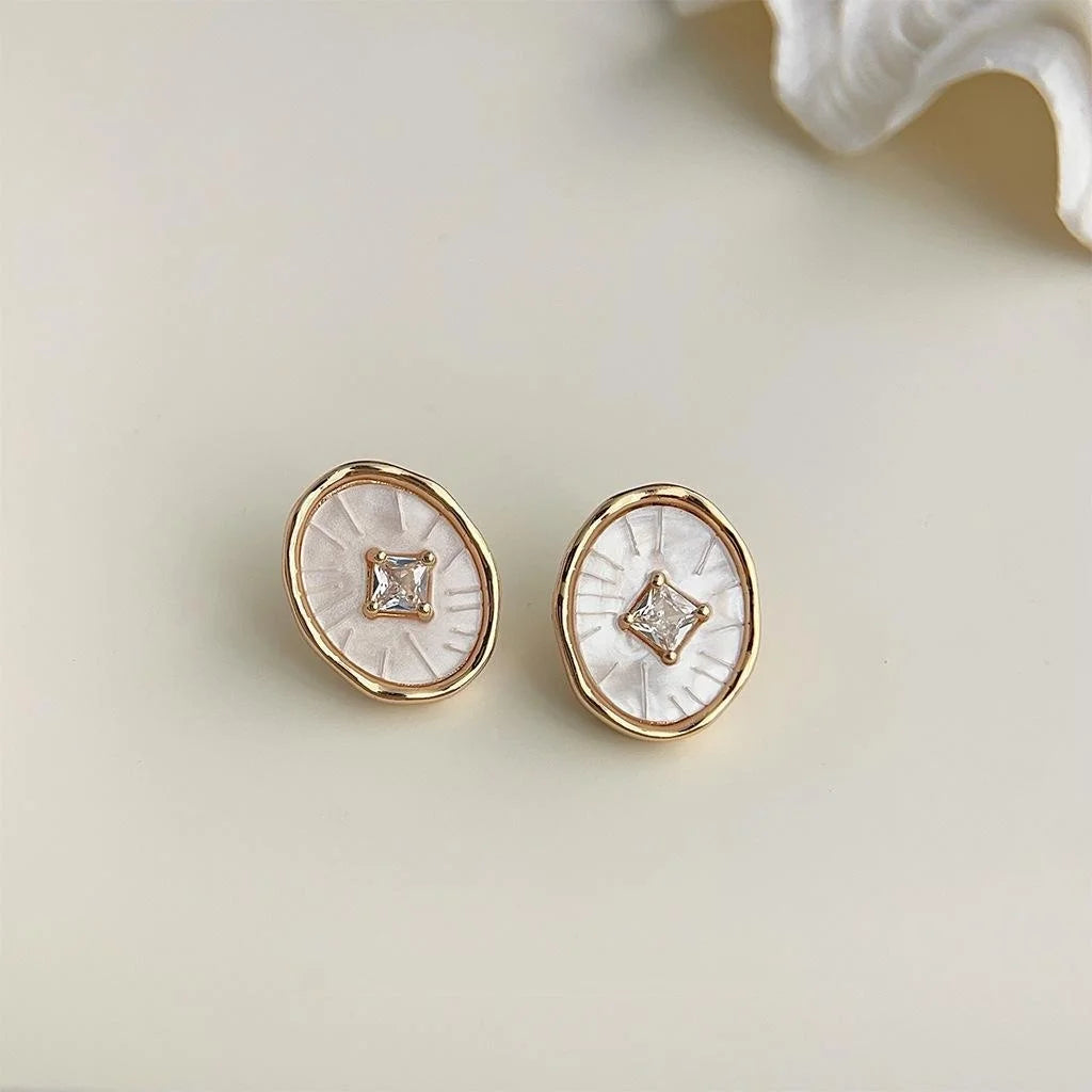 14K Gold Plated Copper Oval Geometric Micro Pave Zircon Drop Earrings Light Luxury Vintage Style