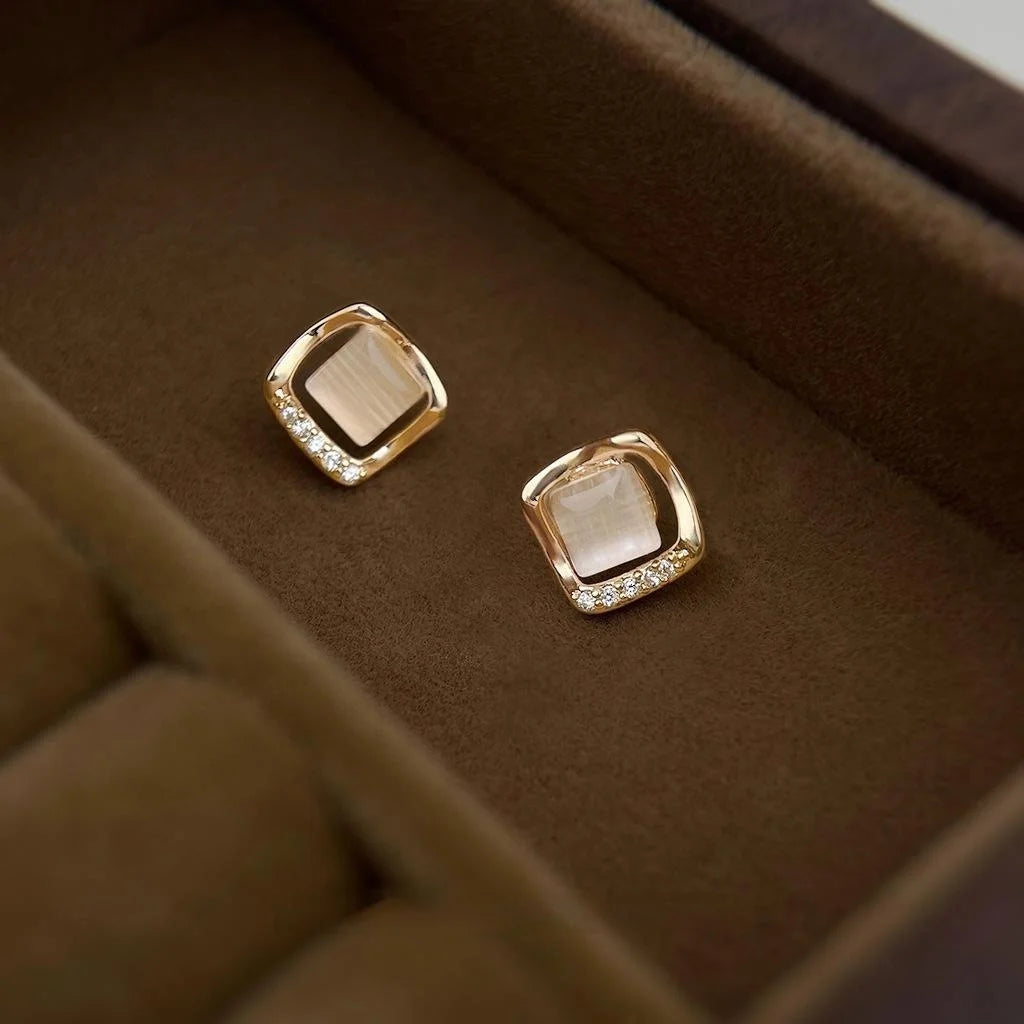 Minimalist Geometric Square Hollow Glass Cat Eye Stone Copper Stud Earrings With Silver Plated Pins