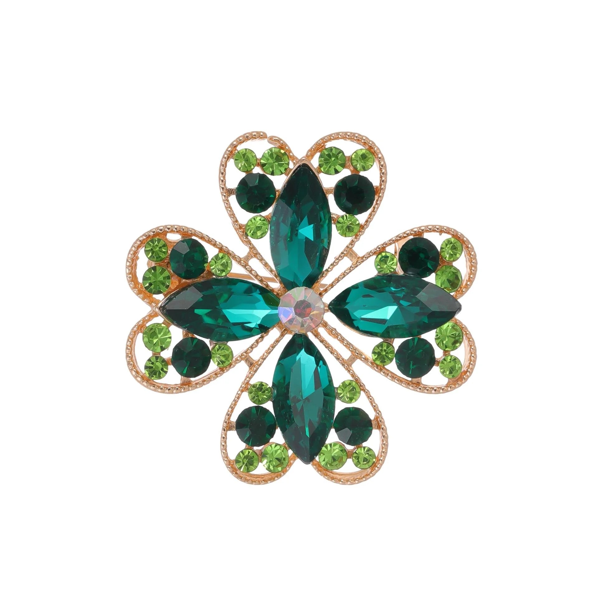 Elegant Rhinestone Hollow Heart Four Leaf Clover Brooch With Marquise Green Crystals Lapel Pin Gift