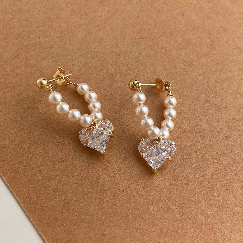 French Vintage 14K Plated Glass Pearl Zircon Heart Geometric Drop Earrings for Women