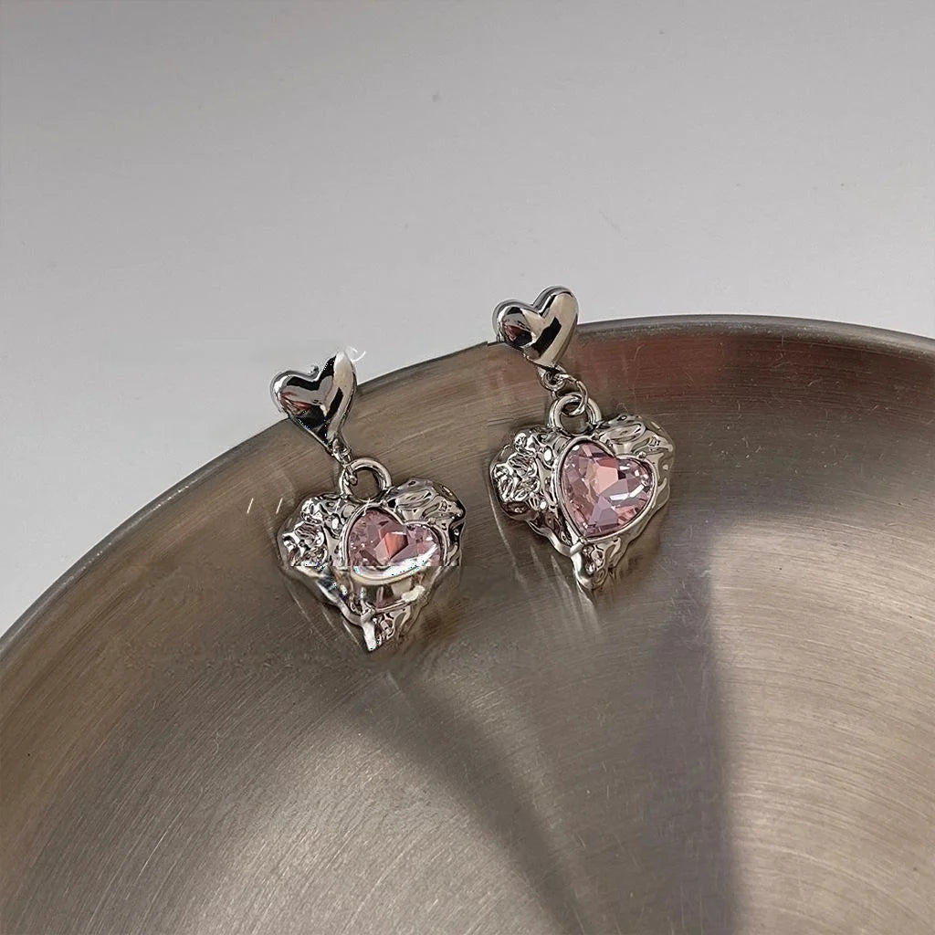 Sweet Cool Heart Stud Earrings Copper Silver Plated Pin Trendy Style Jewelry