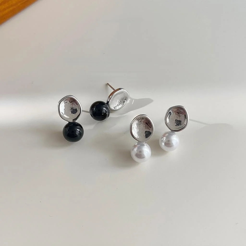 Minimalist Cool Style Round Pearl Stud Earrings Copper Silver Plated Pin Jewelry