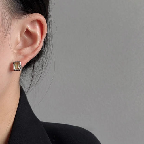 Icy Green Zircon Micro Pave Copper Stud Earrings, Geometric Square Minimalist Luxury Office Jewelry